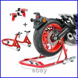 Motorcycle Paddock Stand Set Dolly Mover Rear and Front Constands VMR red