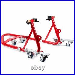 Motorcycle Paddock Stand Set Dolly Mover Rear and Front Constands VMR red